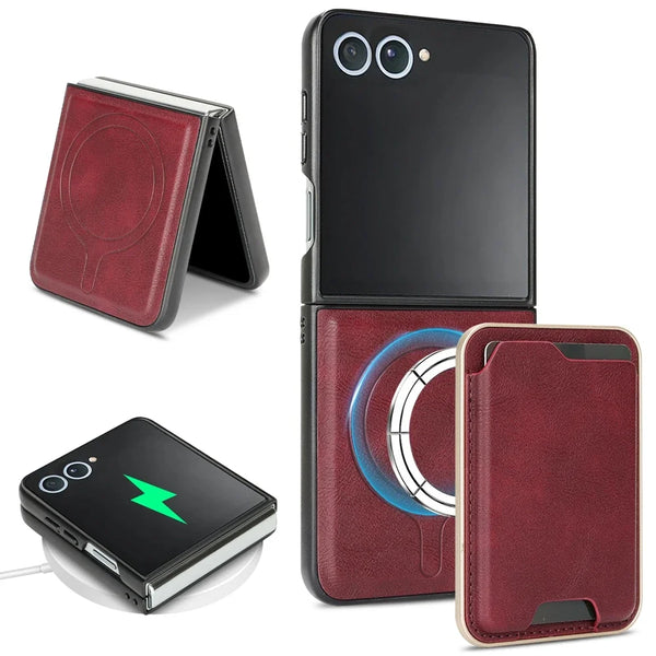 2 in 1 Magnetic Leather Case for Samsung Galaxy Z Flip 7 6 5 4 3 Flip7 Flip6 Wireless Charging Cards Holder Slots Phone Cover