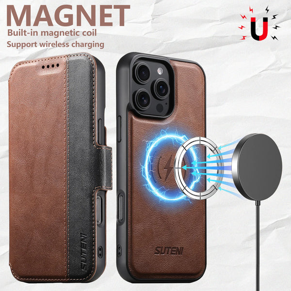 SUTENI Faux Leather Wireless Charging Card Holder Stand Wallet Magnetic Flip Cover Phone Case For iPhone 16 Pro Max 15 Plus 14