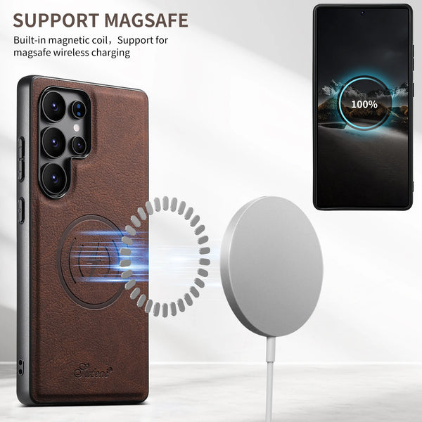 SUTENI Luxury Faux Leather Phone Case Magnet Wireless Charging Frosted Feel For Samsung S26Ultra S25Plus S24 S23 S22 Note20