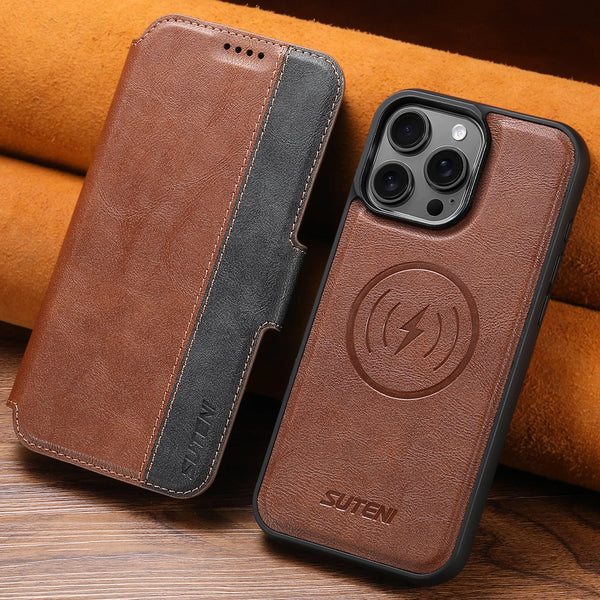 SUTENI Faux Leather Wireless Charging Card Holder Stand Wallet Magnetic Flip Cover Phone Case For iPhone 16 Pro Max 15 Plus 14