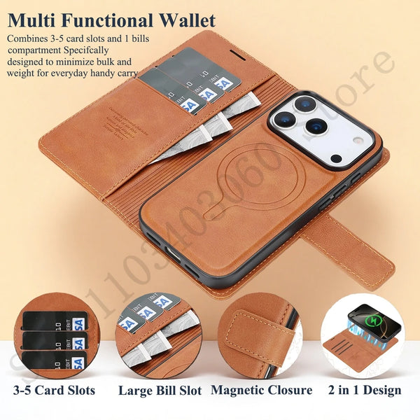 2 in 1 Leather Case For iPhone 17 Air 16 Promax Air 15 Pro Max 14 Plus 17pro 16pro PM Wireless Charging Card Slots Phone Cover