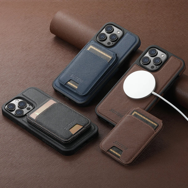 Suteni 2-in-1 Magnetic MagSafe Wireless Charging Case Bracket Card Holder Leather Phone Case for iPhone 16 Pro Max 15 Plus 14 13
