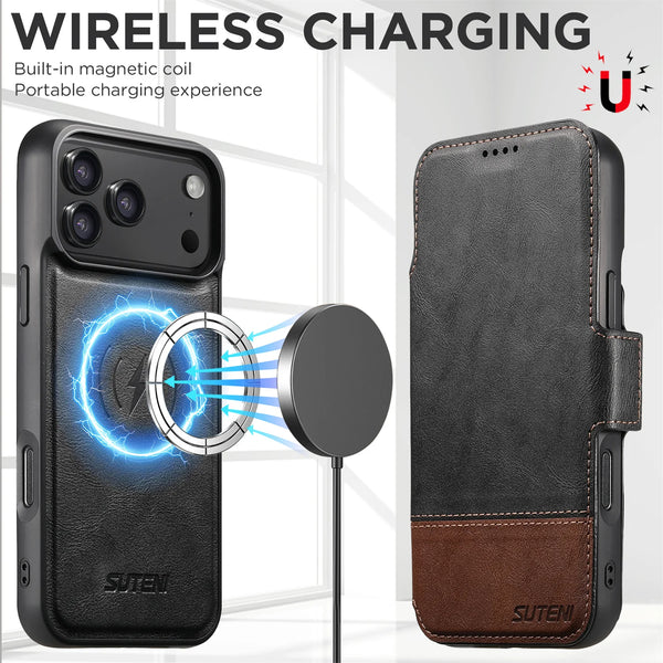 SUTENI 2 in 1 Detachable Magnetic Leather Case for iPhone 17 Pro Max 12 13 Pro 14 15 16 Plus 17 Air Wireless Charging Flip Cover