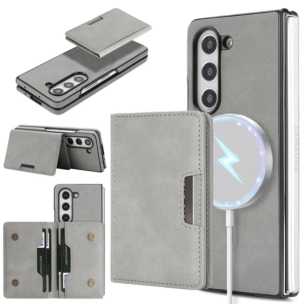 2 In 1 Magnetic Case For Samsung Galaxy Z Fold 7 6 5 4 3 Fold7 Fold6 Cards Slots Holder Kickstand Wireless Charging Phone Cover
