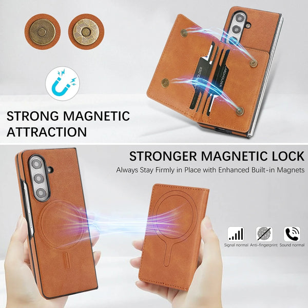 2 In 1 Leather Case For Samsung Galaxy Z Fold 7 6 5 4 3 Magnetic Cards Holder Card Slots Kickstand Wireless Charging Phone Cover