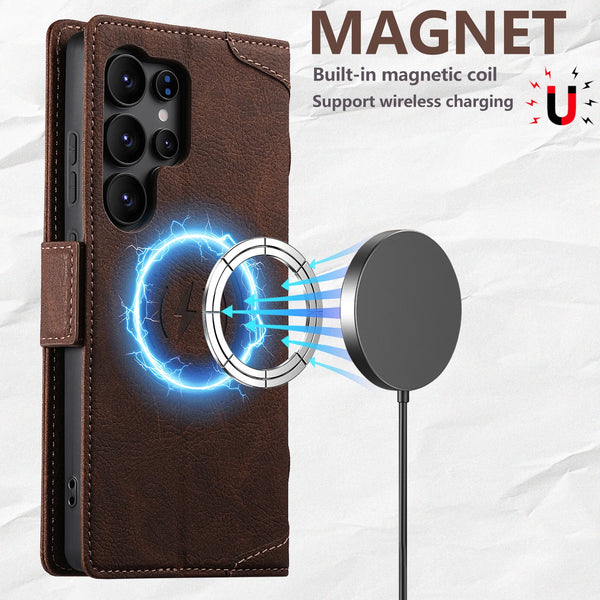 Suteni Brand Wireless Charging Faux Leather Card Holder Stand Wallet Magnetic Button Flip Cover Phone Case For Samsung Galaxy S26Ultra S25