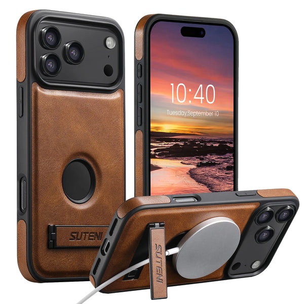 SUTENI Luxury Faux Leather Phone Case Stand Magnet Wireless Charging Smooth Surface For iPhone 17 Pro Max 16 Plus 15 14 13 12