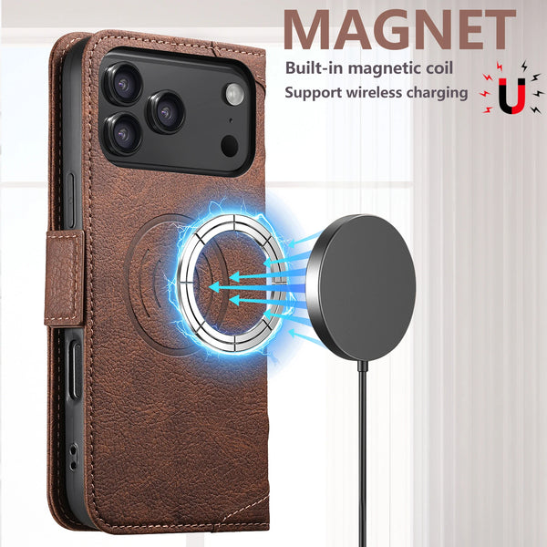 Wireless Charging Faux Leather Card Holder Stand Wallet Magnetic Button Flip Cover Phone Case For iPhone 17 Pro Max 16 15 14 13