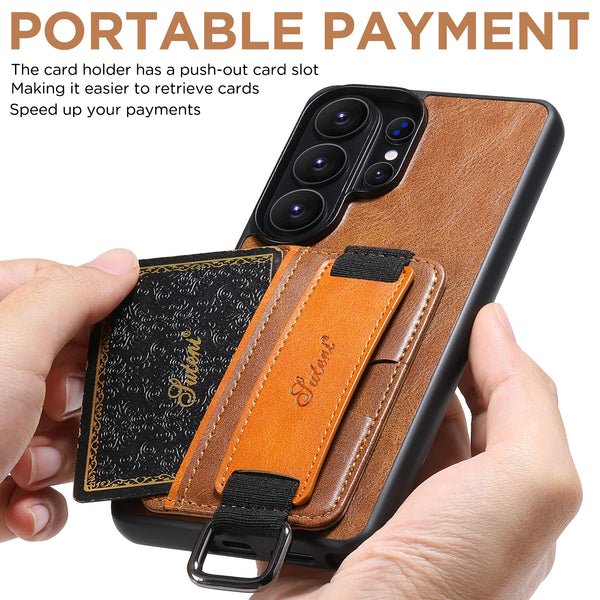 SUTENI Phone Case Wrist Strap Ring Buckle Faux Leather Card Holder Stand For Samsung Galaxy S26 Ultra S25 Plus S24 S23