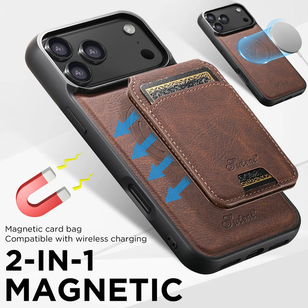 SUTENI Wireless Charging Phone Case Magnet Card Holder Stand Faux Leather For iPhone 17 Pro Max Air 16 Plus 15 14 13 12