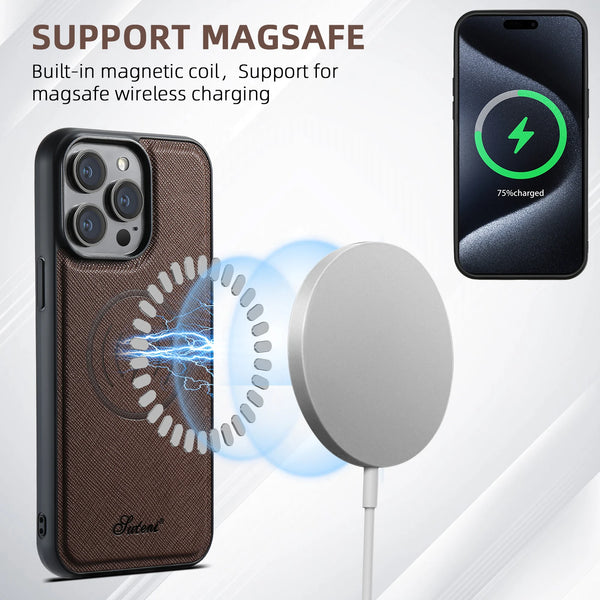 Suteni 2-in-1 Magnetic MagSafe Wireless Charging Case Luxury PU Leather Case for iPhone 17 Pro Max 16 Plus 15 14 13 12