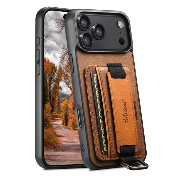 SUTENI brand Wrist Strap Leather Card Holder Stand for IPhone 17 Air Pro 16 E Plus 15 14 13 12 Mini 11 X Xs XR Max Case