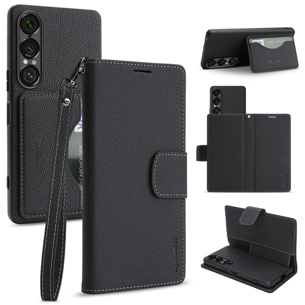 2 in 1 Leather Wallet Case for Sony 10VII 1VII Cash Card Slots Holder Kickstand Phone Cover WIth Hand Strap