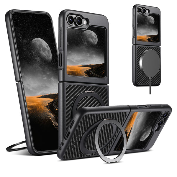 SUTENI Mobile Phone Case Magnet Wireless Charging 360° Rotating Stand Faux Leather Ring Buckle For Samsung Galaxy Z Flip 7 6 5