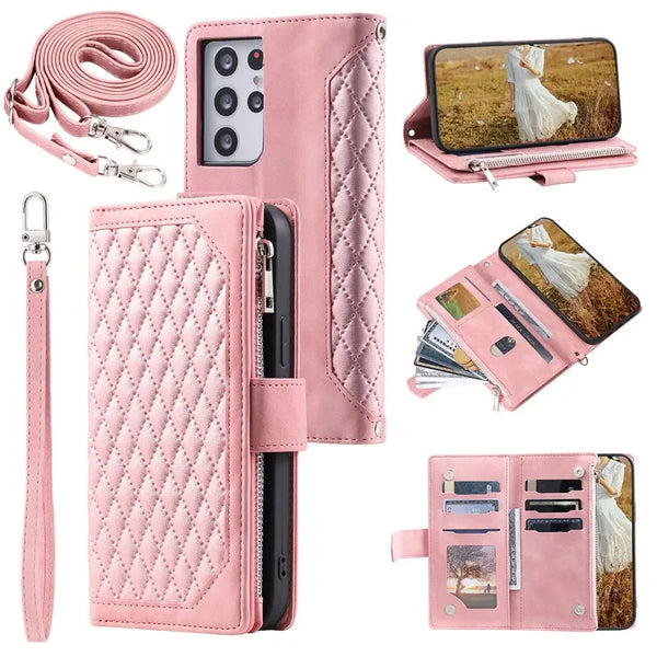 Long Lanyard Zipper Wallet Cards Phone Case for Samsung Galaxy Note 20 Ultra S26 Plus S25 FE S24 S23 S22 S21 Flip Leather Cover