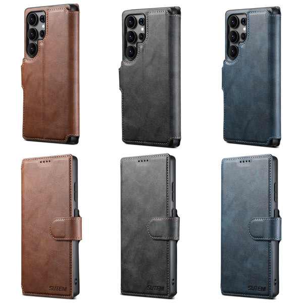 SUTENI PU Leather Wireless Charging Card Holder Stand Wallet Magnetic Flip Cover Phone Case For Samsung Galaxy S25 Ultra S24 S23