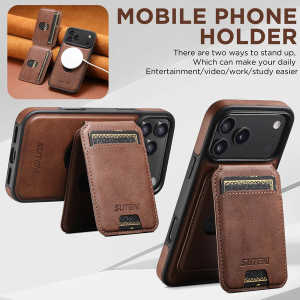 SUTENI Faux Leather Phone Case Wireless Charging Magnet Card Holder Stand Smooth Surface 2-in-1 For 17 Pro Max 16 Plus 15 14 13