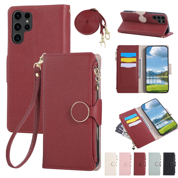 Lanyard Zipper Leather Wallet Case for Samsung Galaxy S25 Ultra Edge S24 Plus S23 FE S22 S25U Kickstand Card Slots Phone Cover