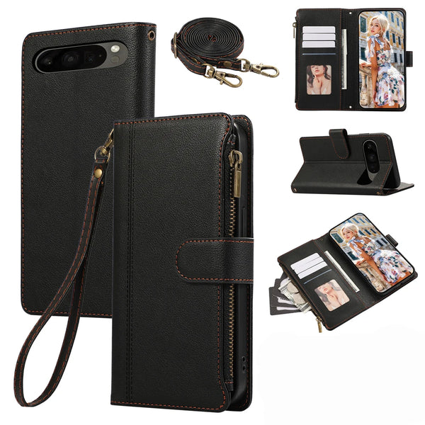 Crossbody Leather Wallet Case  for Google Pixel 10 9 Pro XL 8 7 9A 8A 7A Card Slots Holder Kickstand Lanyard Zipper Phone Case