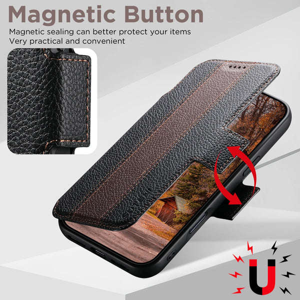 SUTENI Faux Leather Wireless Charging Card Holder Stand Wallet Magnetic Flip Cover Phone Case For iPhone 17 Pro Max 16 15 14 13
