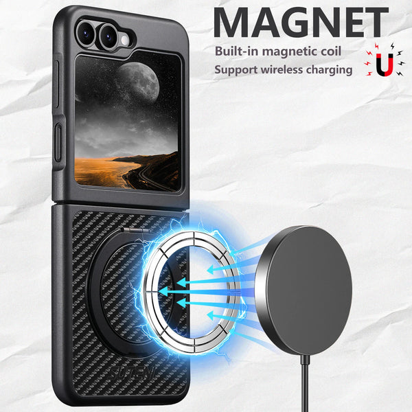 SUTENI Mobile Phone Case Magnet Wireless Charging 360° Rotating Stand Faux Leather Ring Buckle For Samsung Galaxy Z Flip 7 6 5