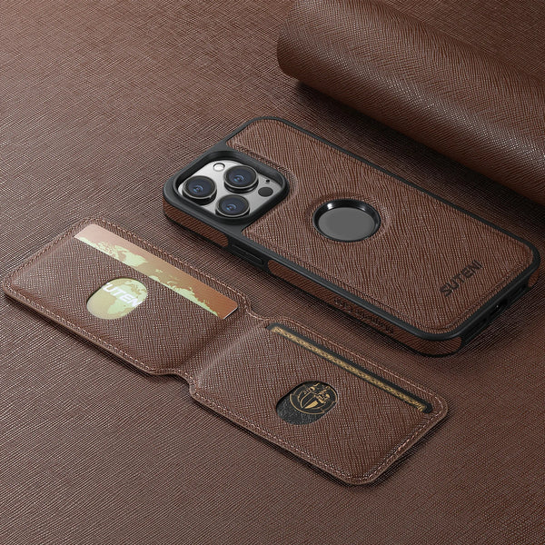 Suteni 2-in-1 Magnetic MagSafe Wireless Charging Case Bracket Card Holder Leather Phone Case for iPhone 16 Pro Max 15 Plus 14 13