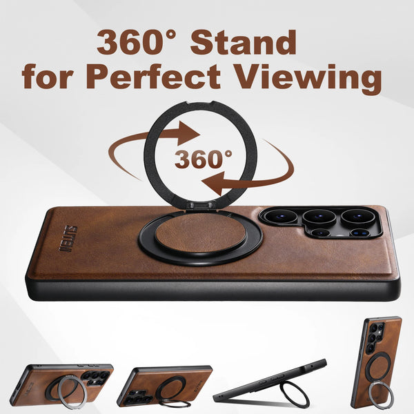 SUTENI Magnet Wireless Charging Phone Case Oil Wax Faux Leather 360° Rotating Stand Buckle For Samsung Galaxy S26Ultra S25 S24