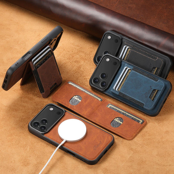 SUTENI Magnet Wireless Charging Card Holder Stand Luxury Faux Leather Phone Case For iPhone 17 Pro Max 16 Plus 15 14 13 12