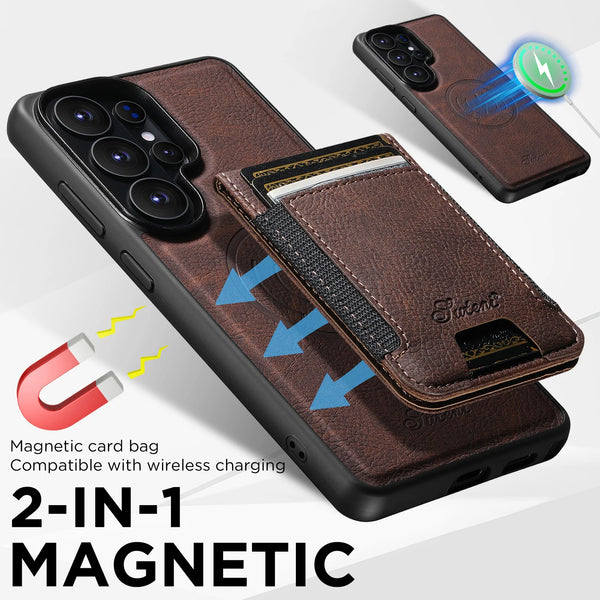 SUTENI Magnet Wireless Charging Card Holder Stand Luxury Faux Leather Phone Case For Samsung Galaxy S26 Ultra S25 Plus S24 S23+