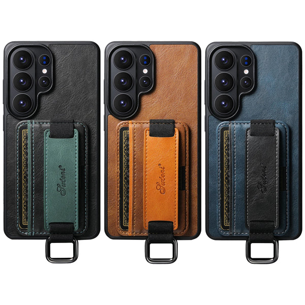 SUTENI Phone Case Wrist Strap Ring Buckle Faux Leather Card Holder Stand For Samsung Galaxy S26 Ultra S25 Plus S24 S23