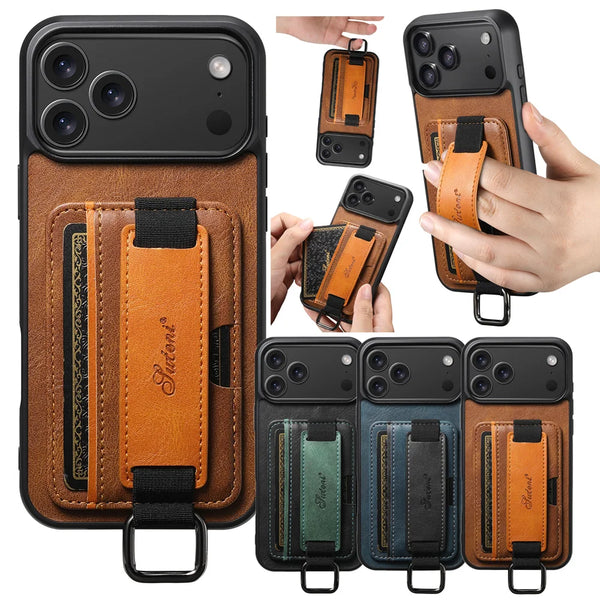 Leather Case For iPhone 17 Promax Air 16E 16 Pro Max 15 Plus 14 Pro 13 PM 12 iphone17 iphone 16 Card Slots hand Hold Phone Cover