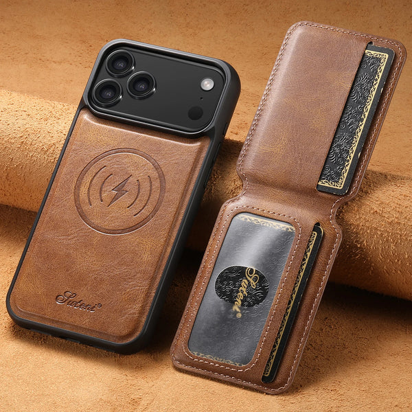 SUTENI Wireless Charging Faux Leather Magnet Card Holder Stand Picture Frame Phone Case For iPhone 17 Pro Max 16 Plus 15 14 13