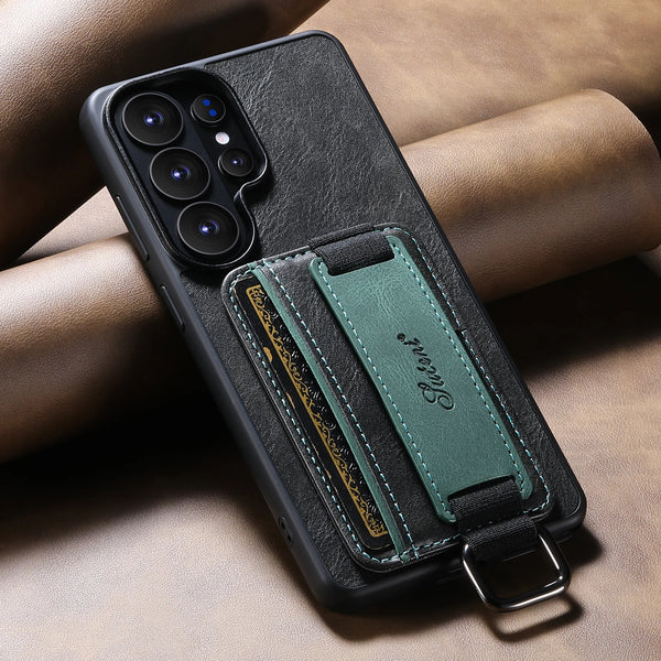 SUTENI Phone Case Wrist Strap Ring Buckle Faux Leather Card Holder Stand For Samsung Galaxy S26 Ultra S25 Plus S24 S23