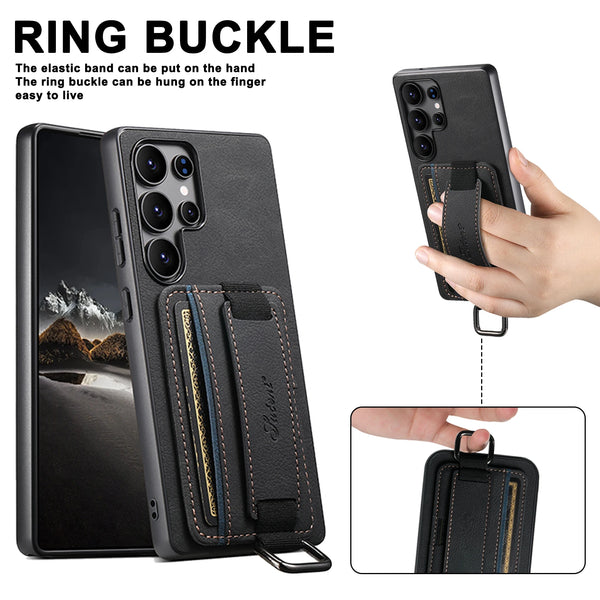 SUTENI PU Leather Phone Case Wrist Strap Ring Buckle Card Holder Stand For Samsung S26Ultra S25Plus S24 S23 S22 Note20