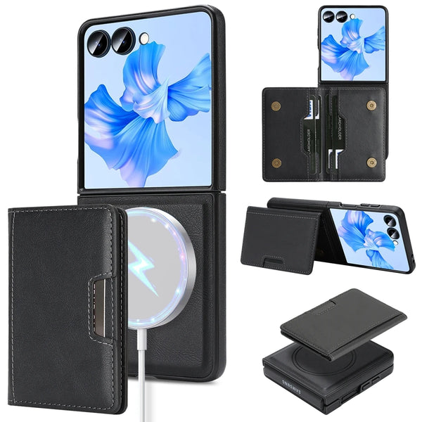 2 In 1 Magnetic Leather Case For Samsung Galaxy Z Flip 7 6 5 4 3 Cards Holder Card Slots Kickstand Wireless Charging Phone Cover