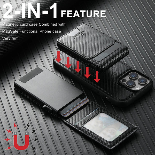 Carbon Fiber Leather 2-in-1 Magnetic Phone Case Card Holder Wallet MagSafe Wireless charging for iPhone 16 Pro Max 15 Plus 13 14