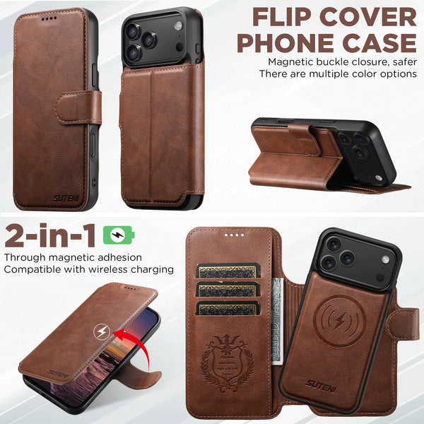 SUTENI Faux Leather Wireless Charging Card Holder Stand Wallet Magnetic Flip Cover Phone Case For iPhone 17 Pro Max 16 Plus 15