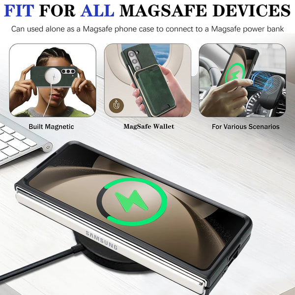 2 in 1 Leather Case for Samsung Galaxy Z Fold 7 6 5 4 3 Fold7 Fold6 Card Slots Holder Wireless Charging Magnetic Phone Cover