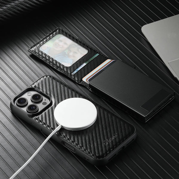 Carbon Fiber Leather 2-in-1 Magnetic Phone Case Card Holder Wallet MagSafe Wireless Charging for iPhone 17 Pro Max 16 Plus 15 14