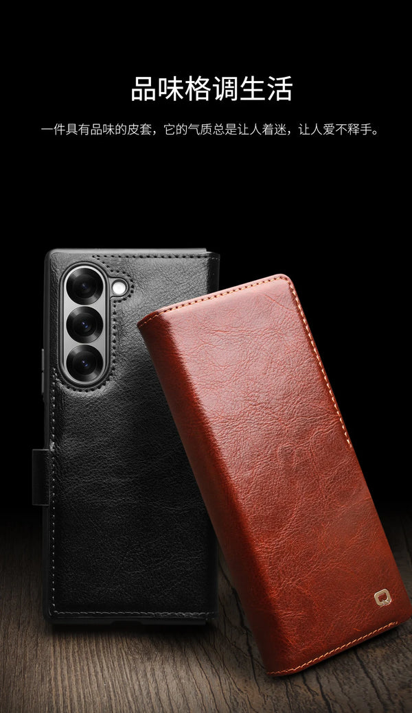 Genuine Leather Phone Case for Samsung Galaxy S26 S25 S24 Ultra Plus, Samsung Galaxy Z Fold 7 6 5 4 & Z Flip 7 6 5 Series, Xiaomi 17 15 Ultra Mi 11 Series & iPhone 17 16 15 14 13 Air Pro Pro Max Series | Luxury Wallet Card Slots magnetic flip back case