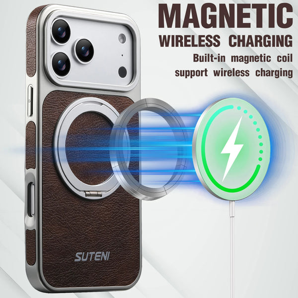SUTENI Faux Leather Magnet Wireless Charging Phone Case 360° Rotating Stand Ring Buckle Frosted Feel For iPhone 17 Pro Max 16 15