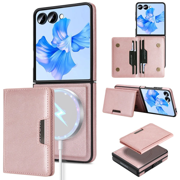 2 In 1 Magnetic Leather Case For Samsung Galaxy Z Flip 7 6 5 4 3 Cards Holder Card Slots Kickstand Wireless Charging Phone Cover