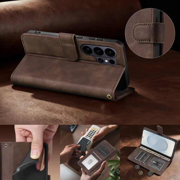 Flip PU Leather Case for Samsung S26 Ultra S25 Edge Plus S24 Fe S23 S22 S26U S25U S24U Card Slots Phone Cover With Hand Strap