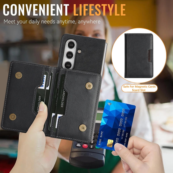 2 In 1 Leather Case For Samsung Galaxy Z Fold 7 6 5 4 3 Magnetic Cards Holder Card Slots Kickstand Wireless Charging Phone Cover