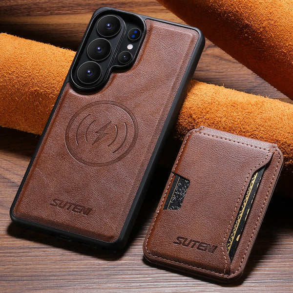 SUTENI Magnet Wireless Charging Luxury Faux Leather Phone Case Card Holder Stand For Samsung Galaxy S26 Ultra S25 S24 S23 S22