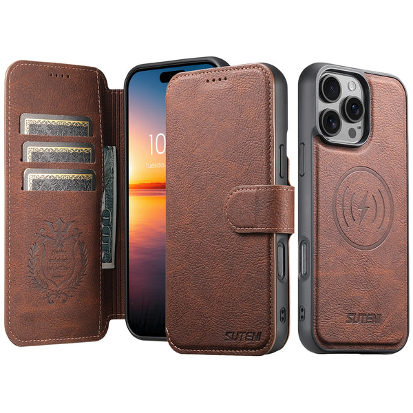 SUTENI Faux Leather Wireless Charging Card Holder Stand Wallet Magnetic Flip Cover Phone Case For iPhone 16 Pro Max 15 Plus 14