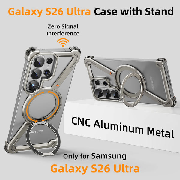 Oatsbasf for Samsung Galaxy S26 Ultra Frameless Metal Bumper Z Case Phone Case with 360°Rotating Stand Magnetic Shockproof Cover
