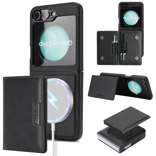 2 In 1 Leather Case For Samsung Galaxy Z Flip 7 6 5 4 3 Flip7 Flip6 Cards Slots Kickstand Wireless Charging Magnetic Phone Cover