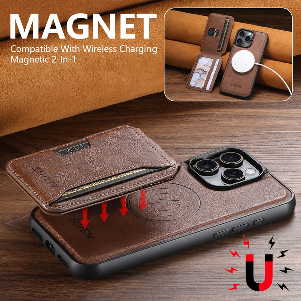 SUTENI Magnet Wireless Charging Luxury Faux Leather Phone Case Card Holder Stand For iPhone 17 Pro Max 16 Plus 15 14 13 12