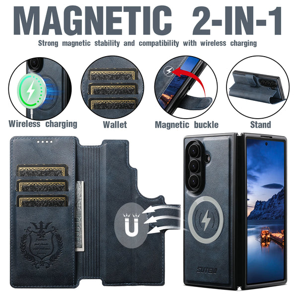 SUTENI Faux Leather Wireless Charging Card Holder Stand Wallet Magnetic Flip Cover Phone Case For Samsung Galaxy Z Fold 7 6